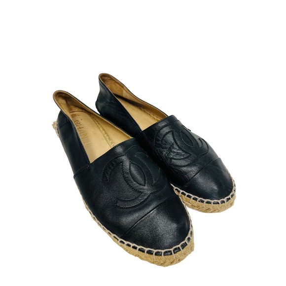 CHANEL Black Lambskin Leather CC Logo Espadrilles Flats Shoes Size 38 - Picture 3 of 9